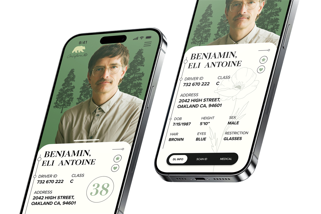 Two iPhones showing the digital driver’s license: the ID card and the full details screen