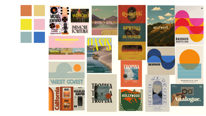 Coastal Crush mood board: beaches, blue and gold, retro type.