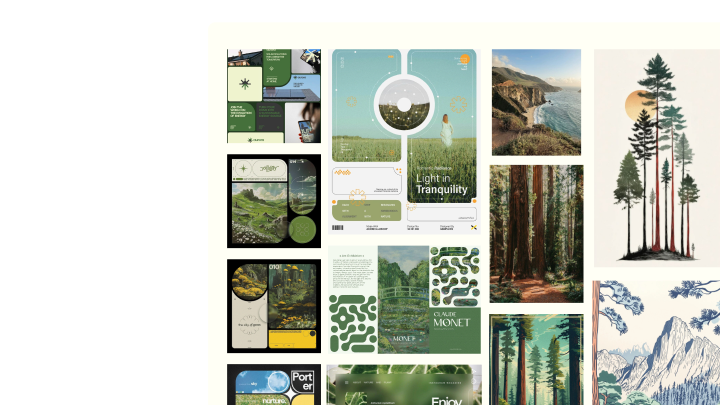Naturium mood board: redwoods, soft greens and delicate illustrations.