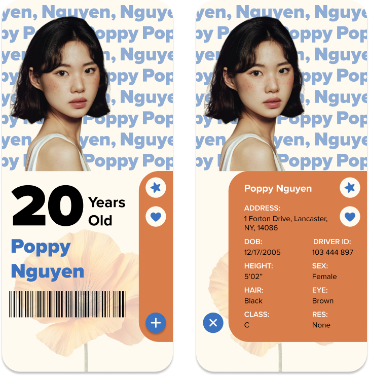 Iteration V1: a collapsed and an expanded ID in cream, orange and blue with poppy imagery.