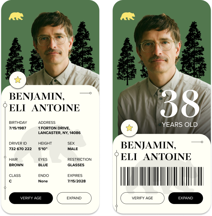 Iteration V2: green and cream screens with redwood illustrations and a full info view.