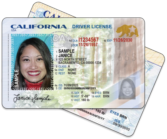 A sample California driver's license, front and back.