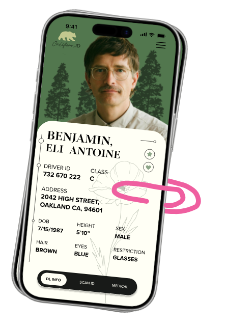 The digital driver’s license app on an iPhone, paperclipped to the page